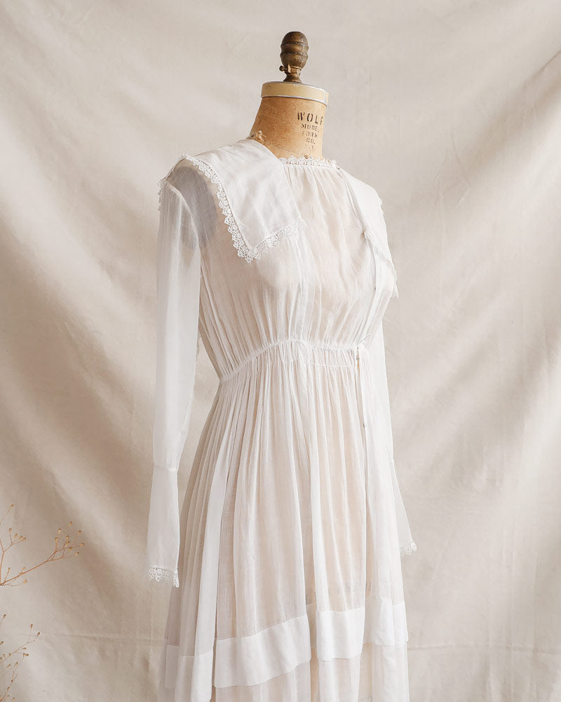 1910s Edwardian White Cotton Lawn Dress