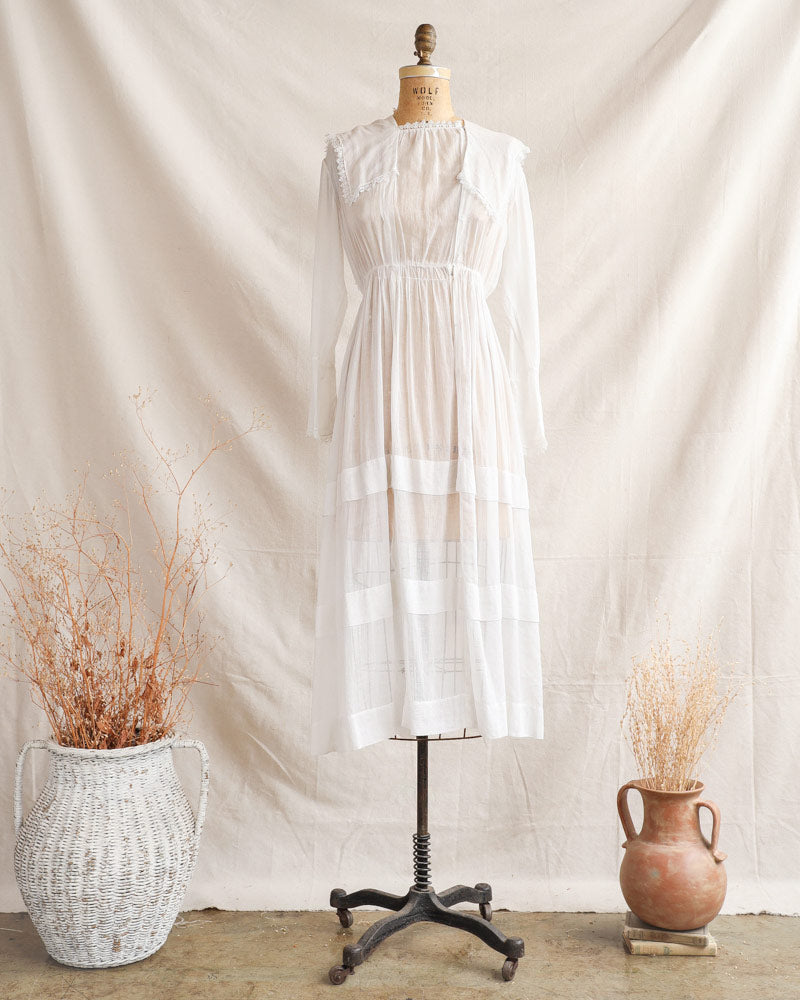 1910s Edwardian White Cotton Lawn Dress