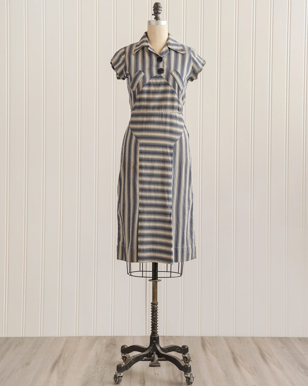 1930s Blue Striped Cotton Day Dress