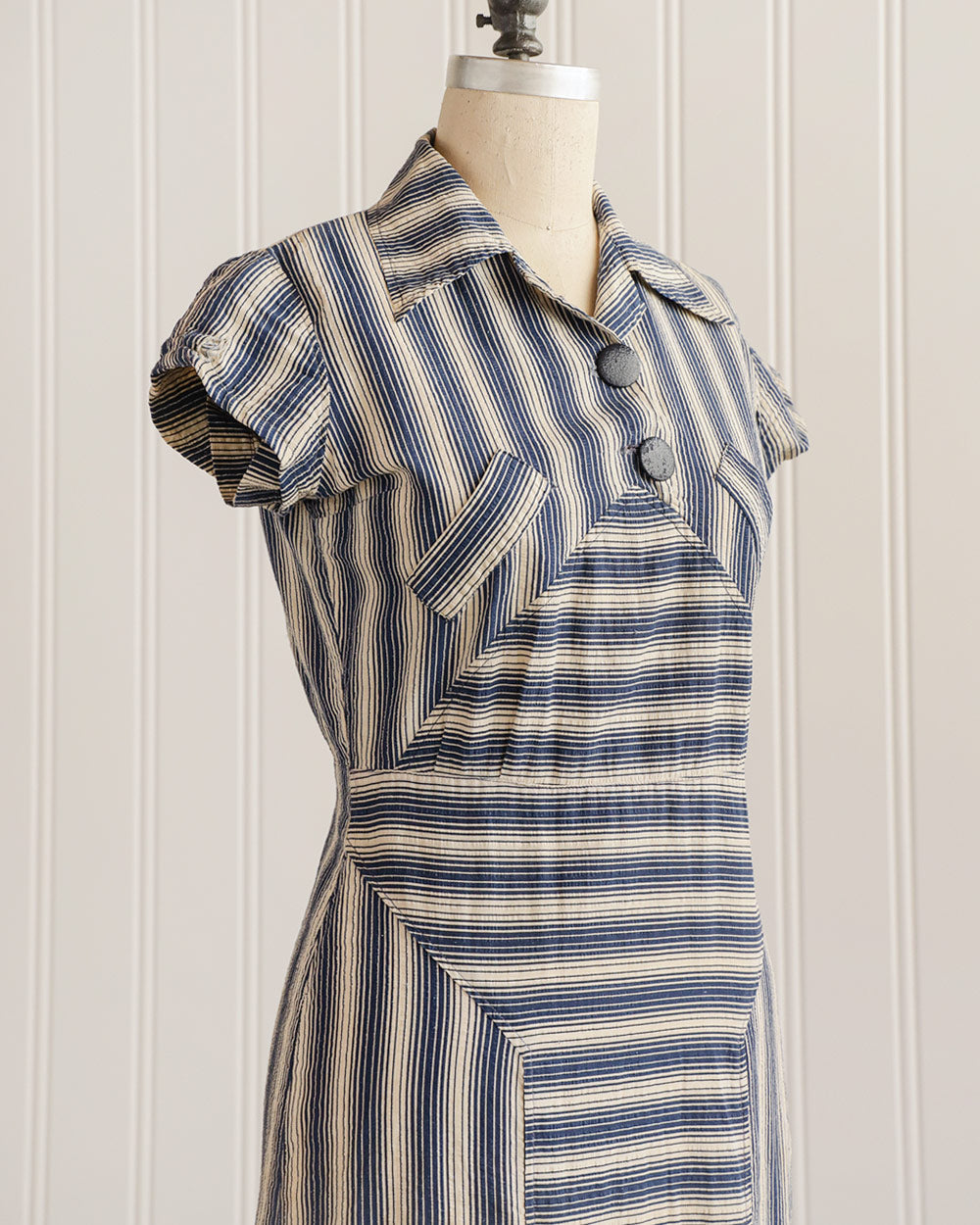 1930s Blue Striped Cotton Day Dress