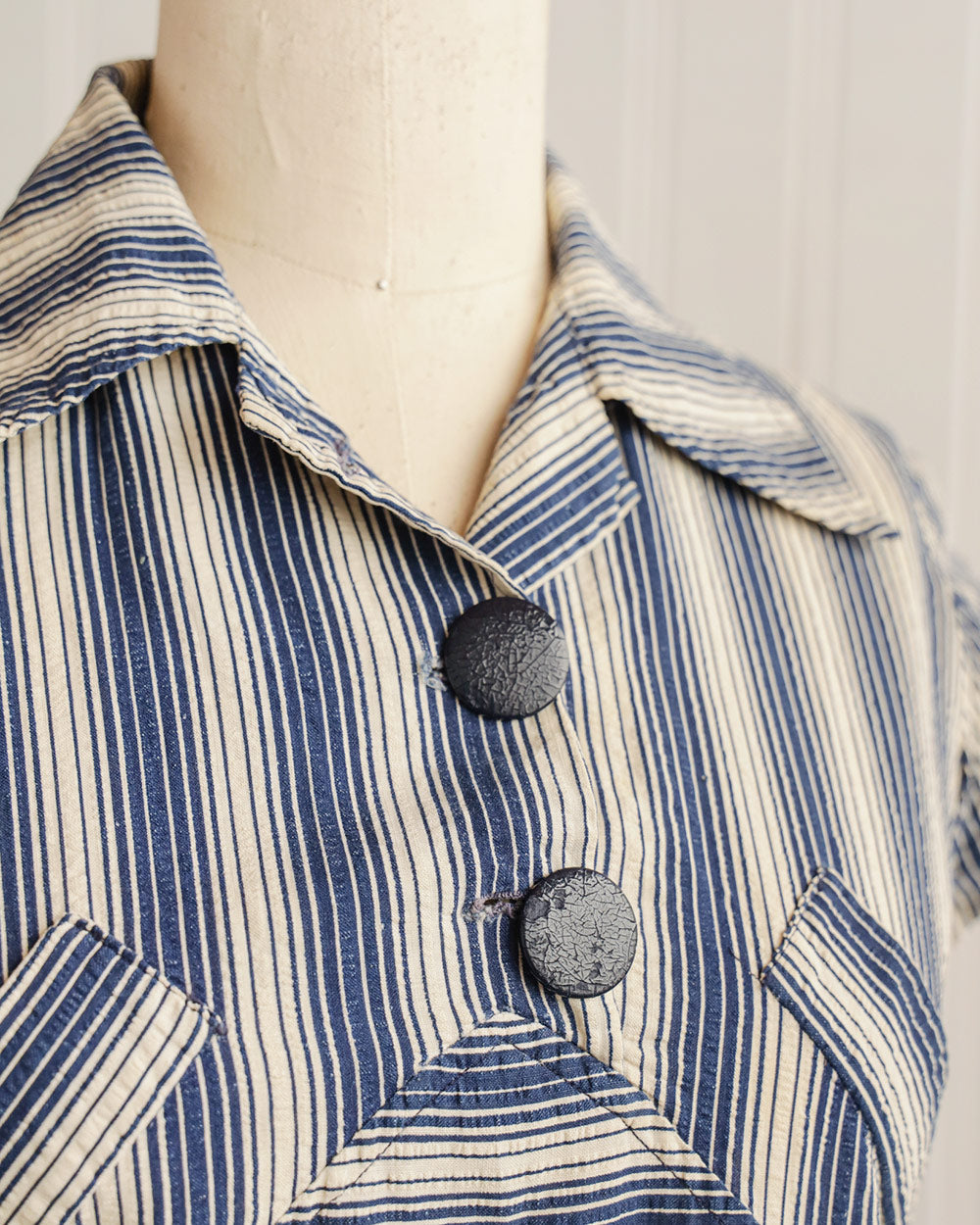 1930s Blue Striped Cotton Day Dress