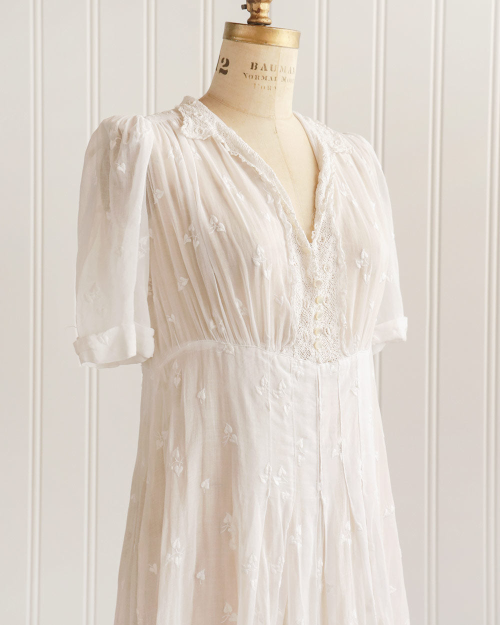 1930s White Cotton Voile Embroidered Dress