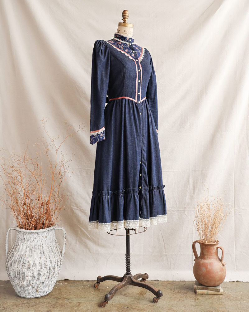 1970s Dark Denim Prairie Dress