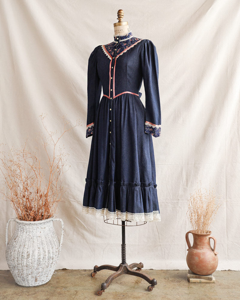 1970s Dark Denim Prairie Dress