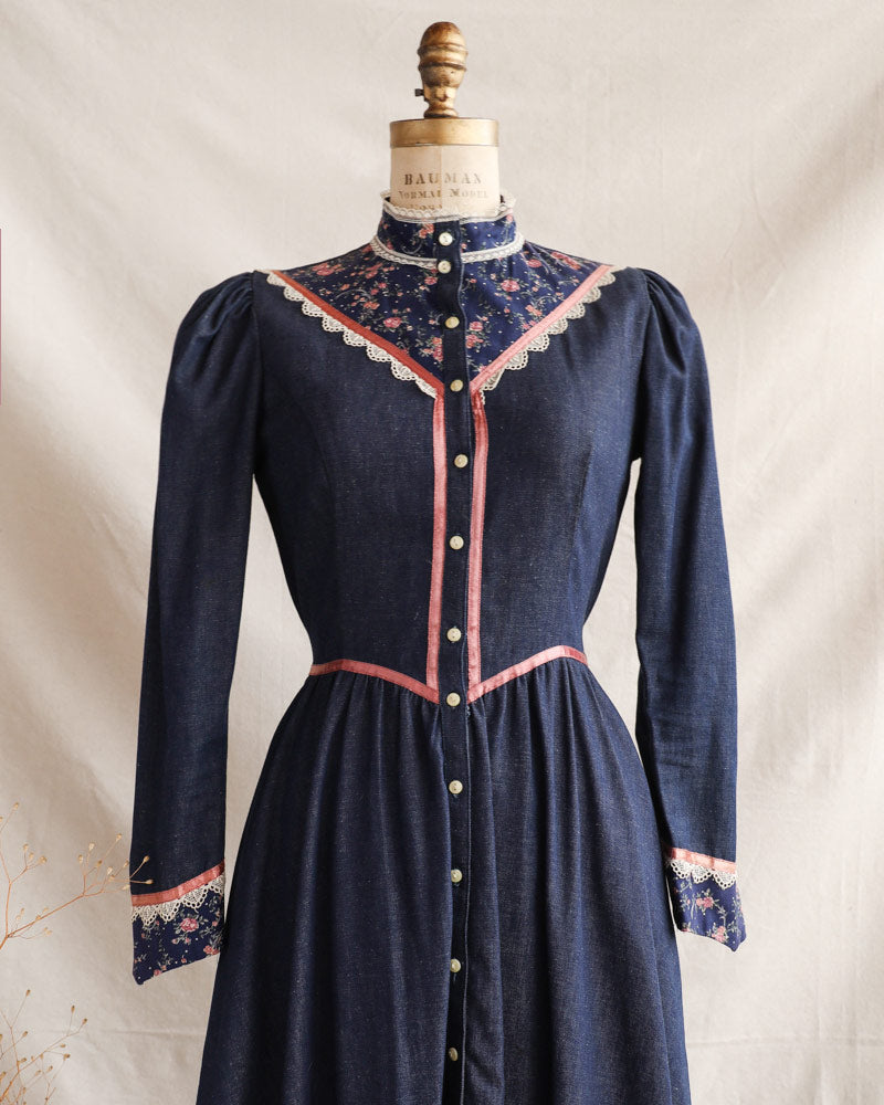 1970s Dark Denim Prairie Dress