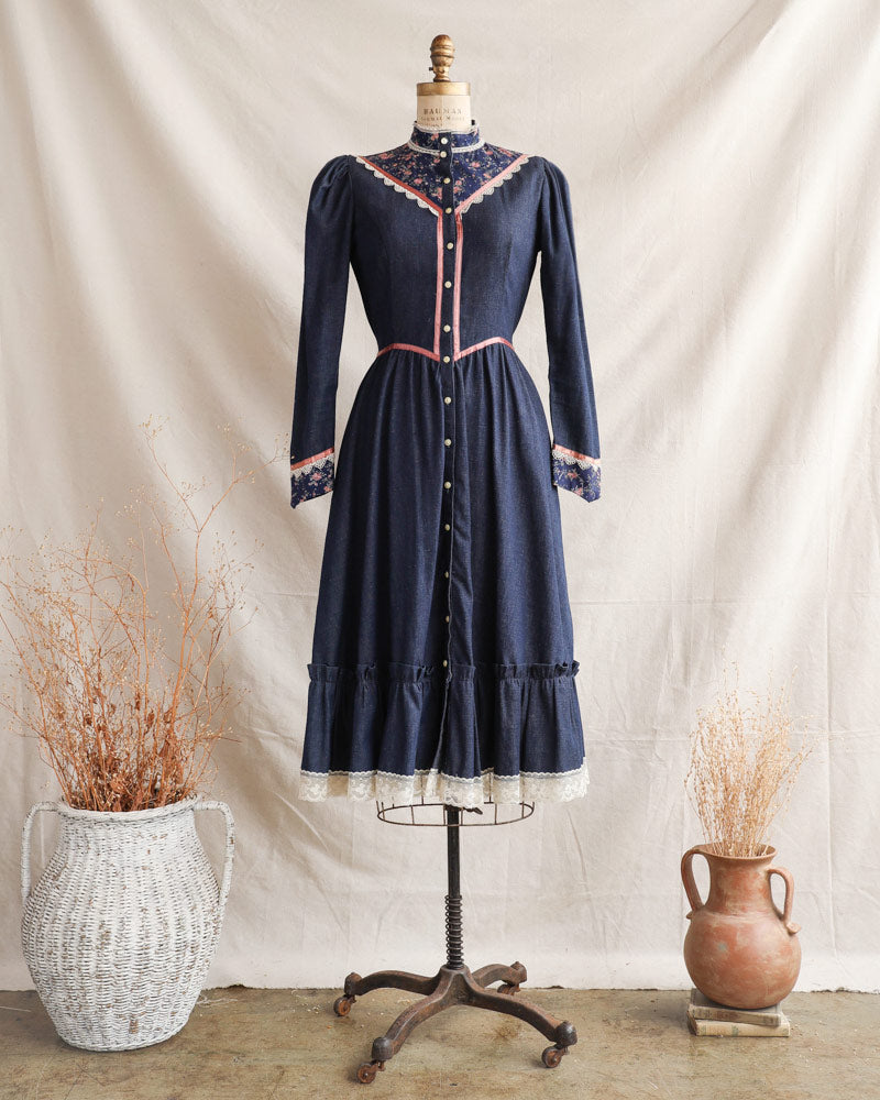 1970s Dark Denim Prairie Dress