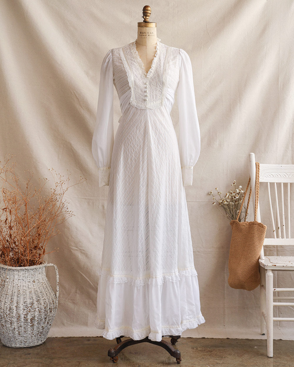 1970s White Lace Inset Tiered Maxi Dress
