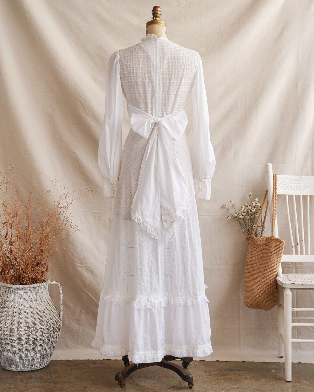 1970s White Lace Inset Tiered Maxi Dress