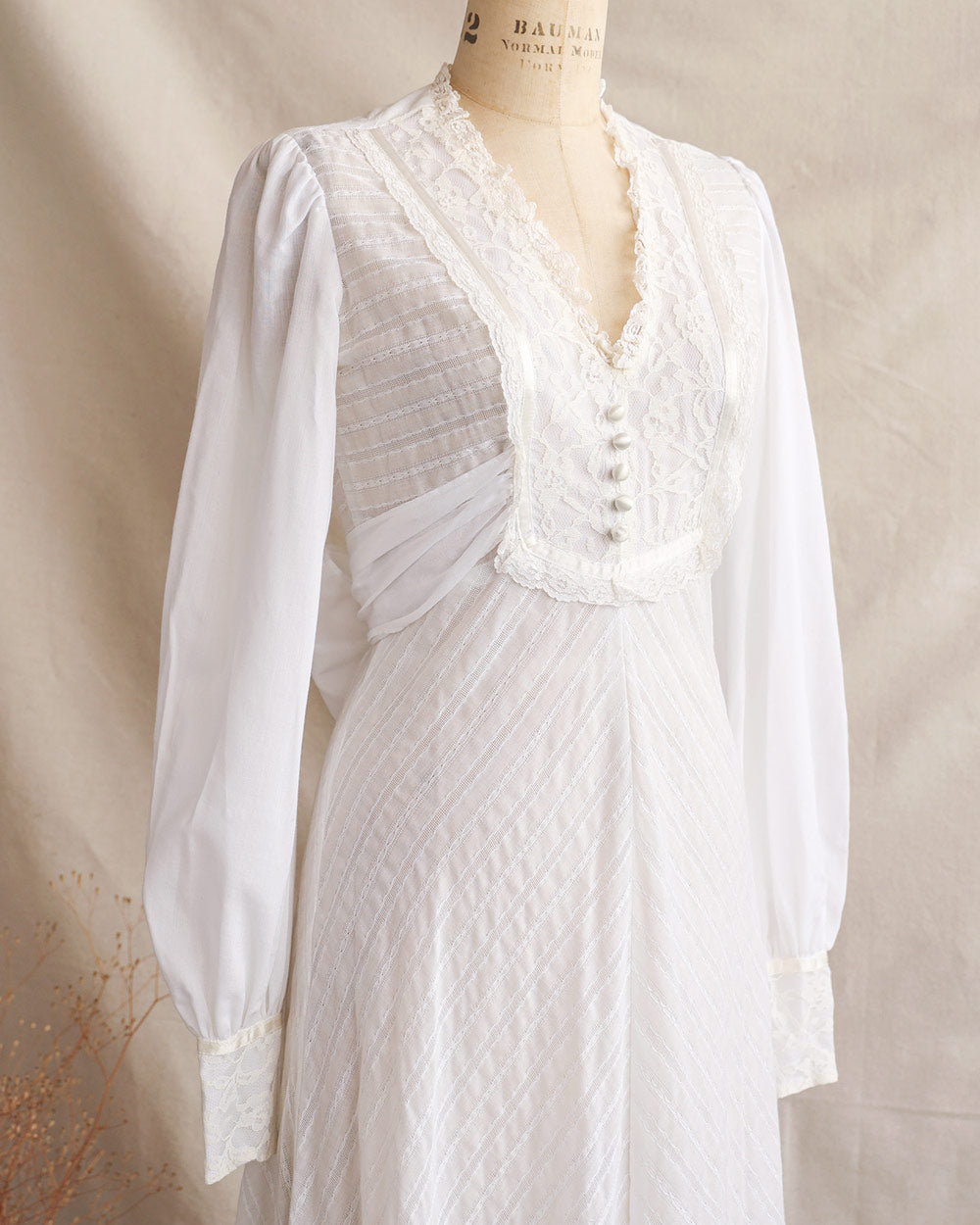 1970s White Lace Inset Tiered Maxi Dress