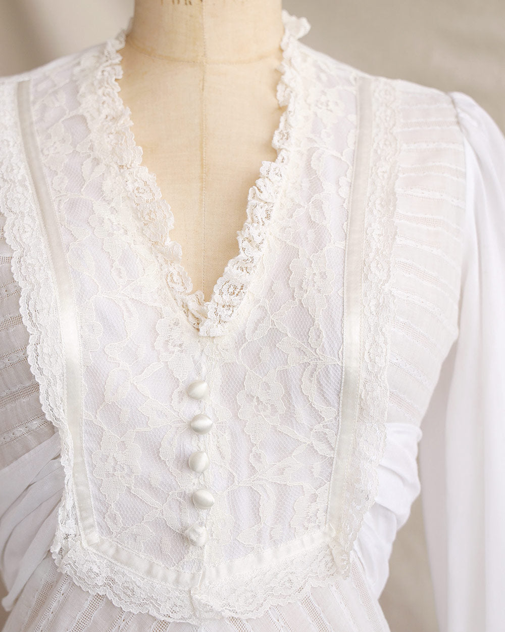 1970s White Lace Inset Tiered Maxi Dress