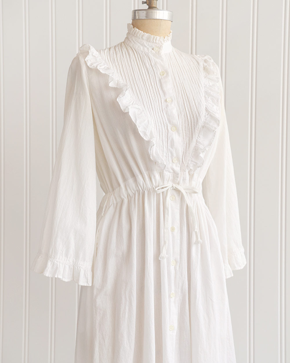 1970s White Cotton Prairie Maxi Dress