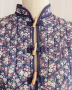 Marineblauw katoenen doorgestikt jack met bloemen uit de jaren 1980