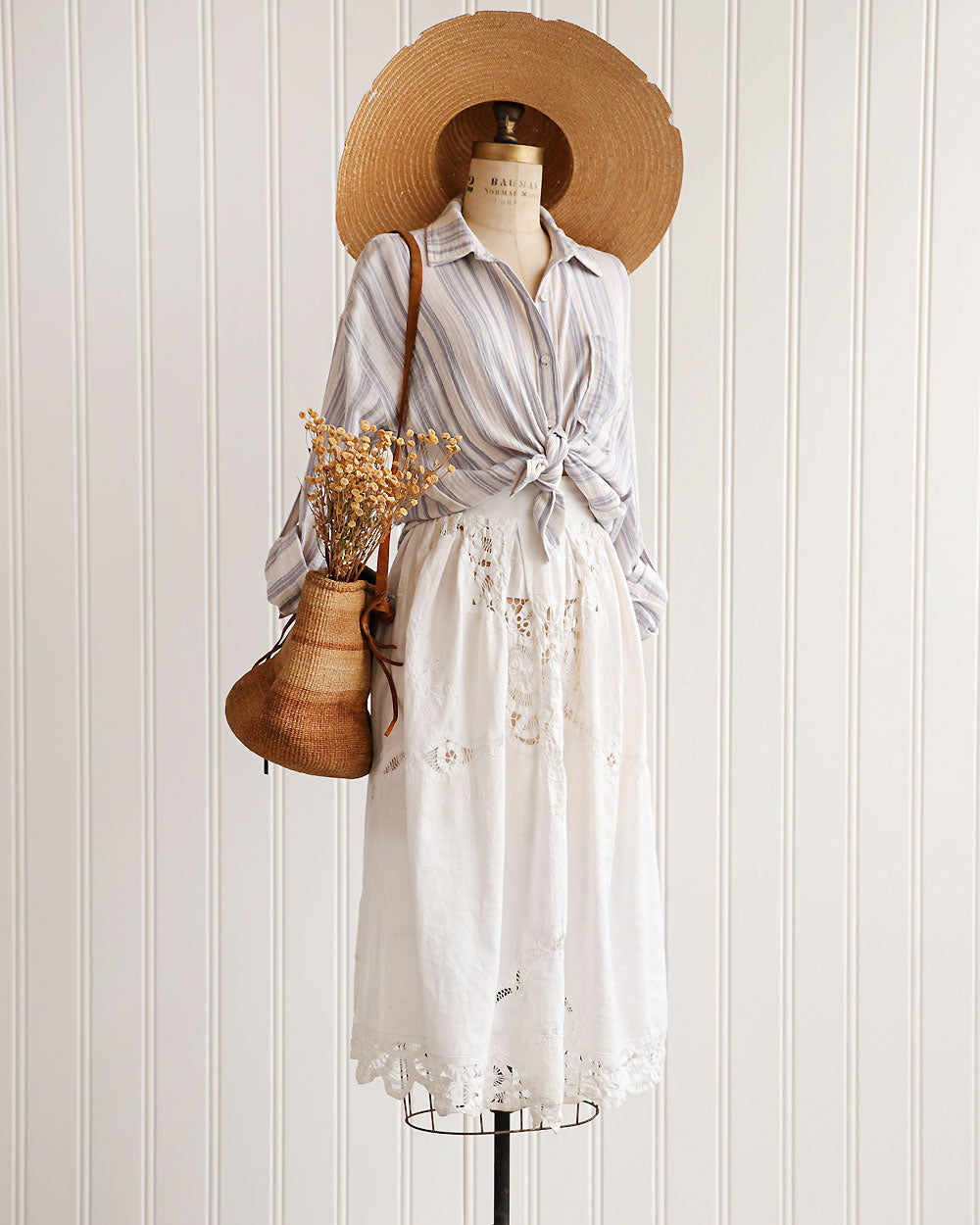 1980s White Cotton Pleated Midi Skirt