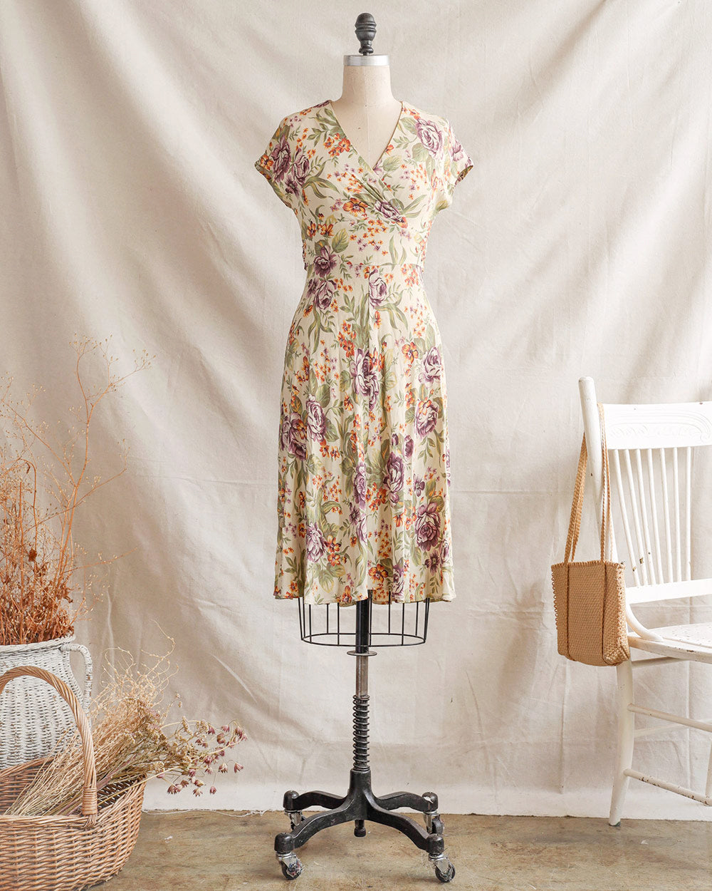 1990s Floral Surplice Waist Rayon Dress