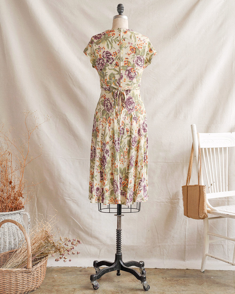 1990s Floral Surplice Waist Rayon Dress