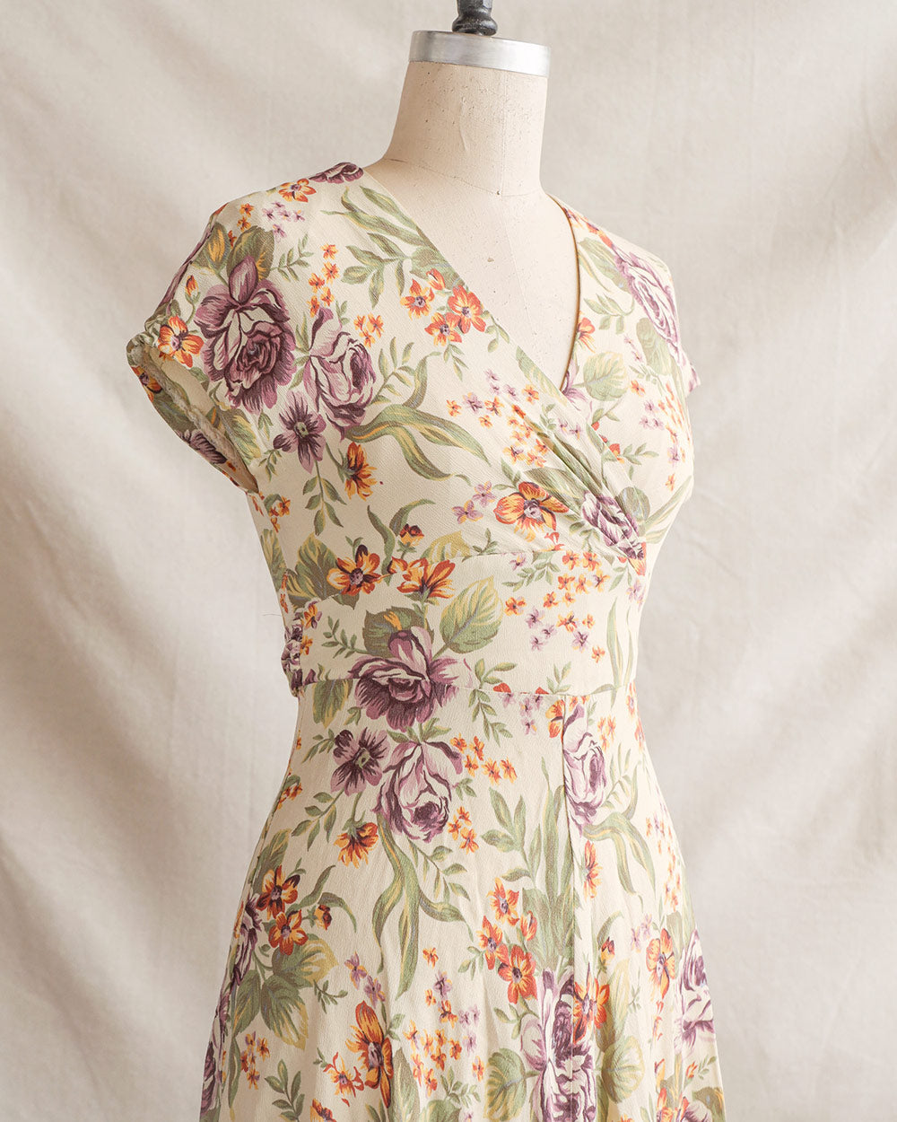 1990s Floral Surplice Waist Rayon Dress