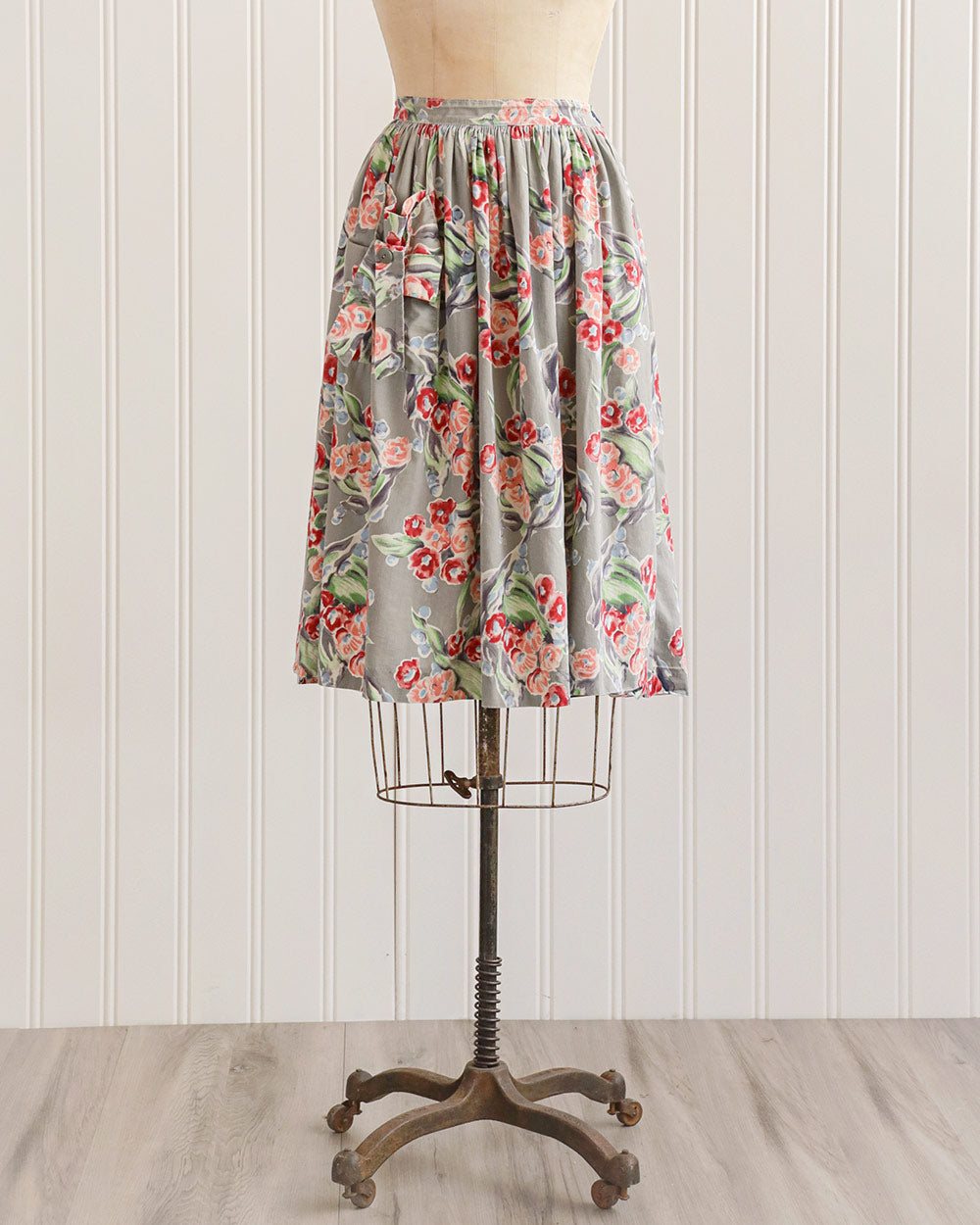 1940s Grey Blue Floral Cotton Midi Skirt
