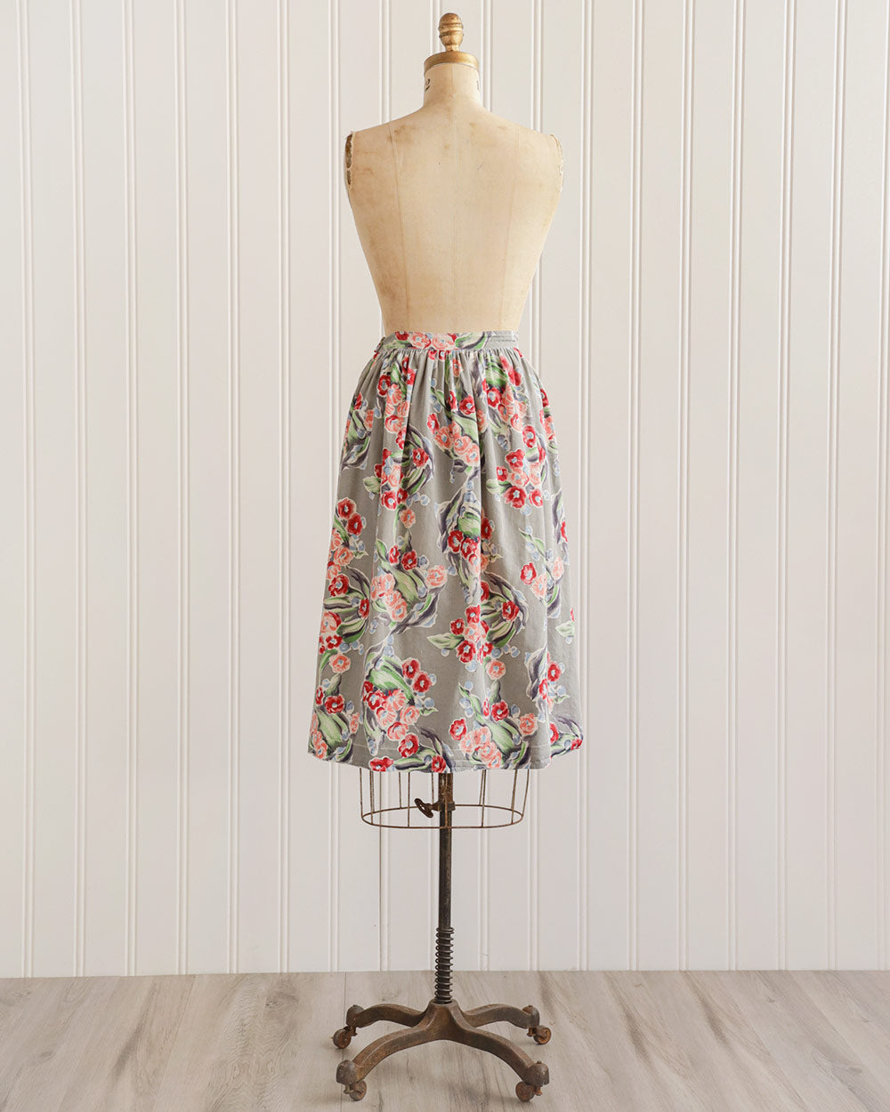 1940s Grey Blue Floral Cotton Midi Skirt