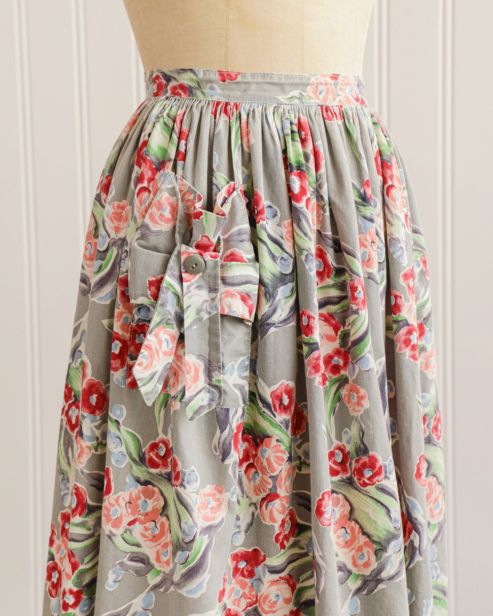 1940s Grey Blue Floral Cotton Midi Skirt