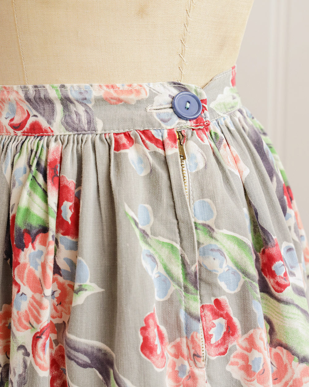 1940s Grey Blue Floral Cotton Midi Skirt