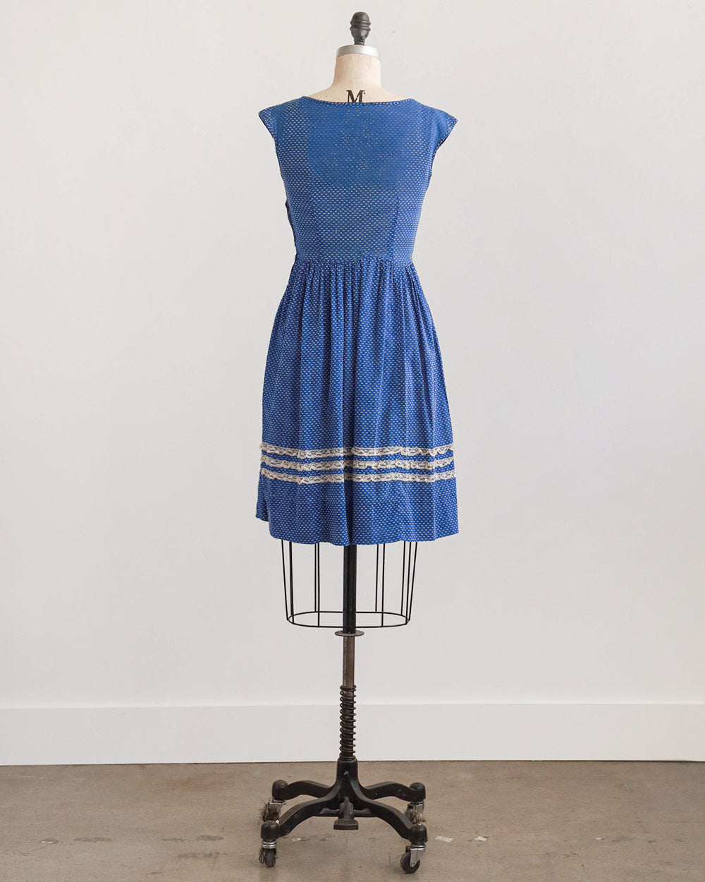 1950s Blue Polka Dot Lace Trim Dress