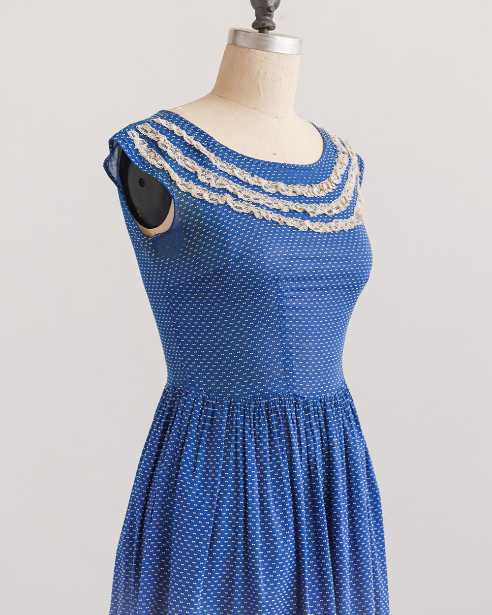 1950s Blue Polka Dot Lace Trim Dress