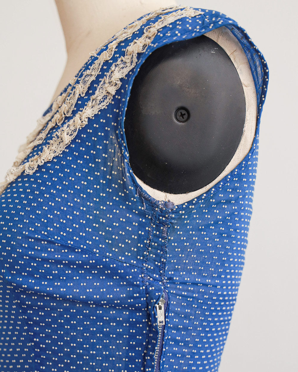 1950s Blue Polka Dot Lace Trim Dress
