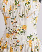 Gele katoenen zomerjurk met bloemen uit de jaren 1950