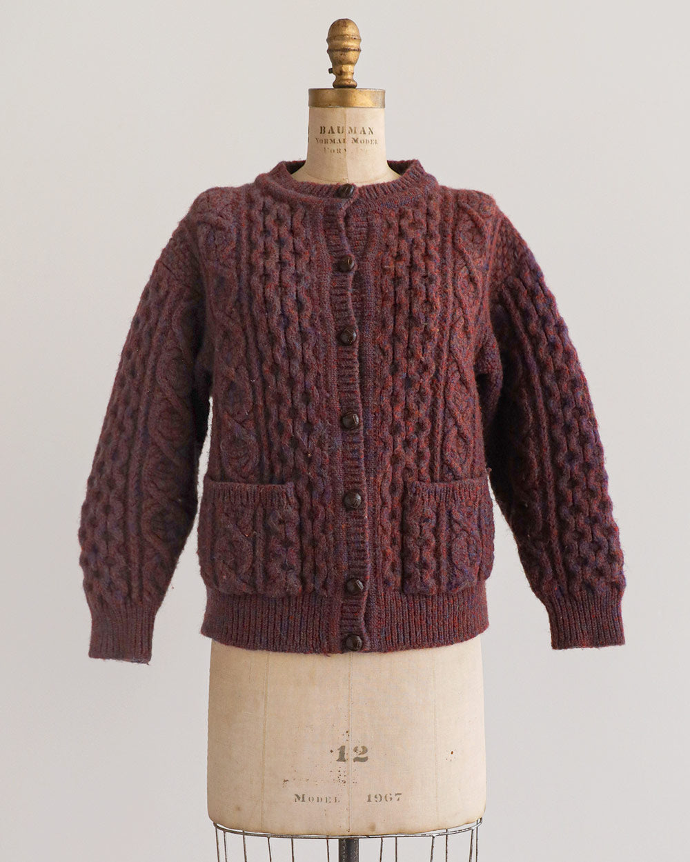1960s Burgundy Cable Knit Wool Cardigan