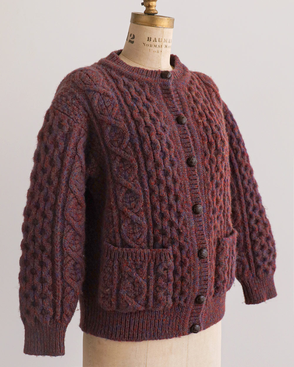 1960s Burgundy Cable Knit Wool Cardigan