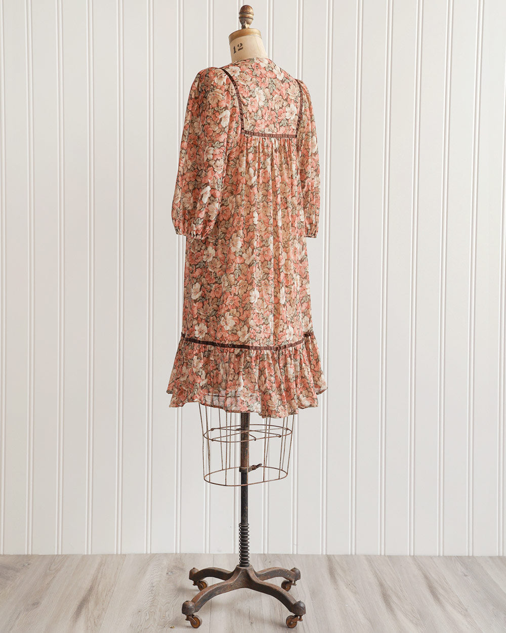 1970s Brown Floral Boho Peasant Midi Dress