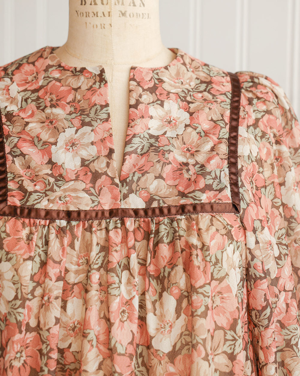 1970s Brown Floral Boho Peasant Midi Dress
