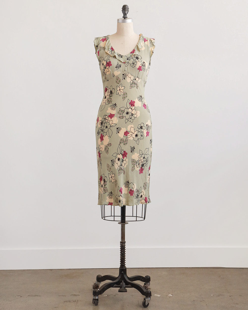 1990s Floral Bias-Cut Rayon Midi Dress