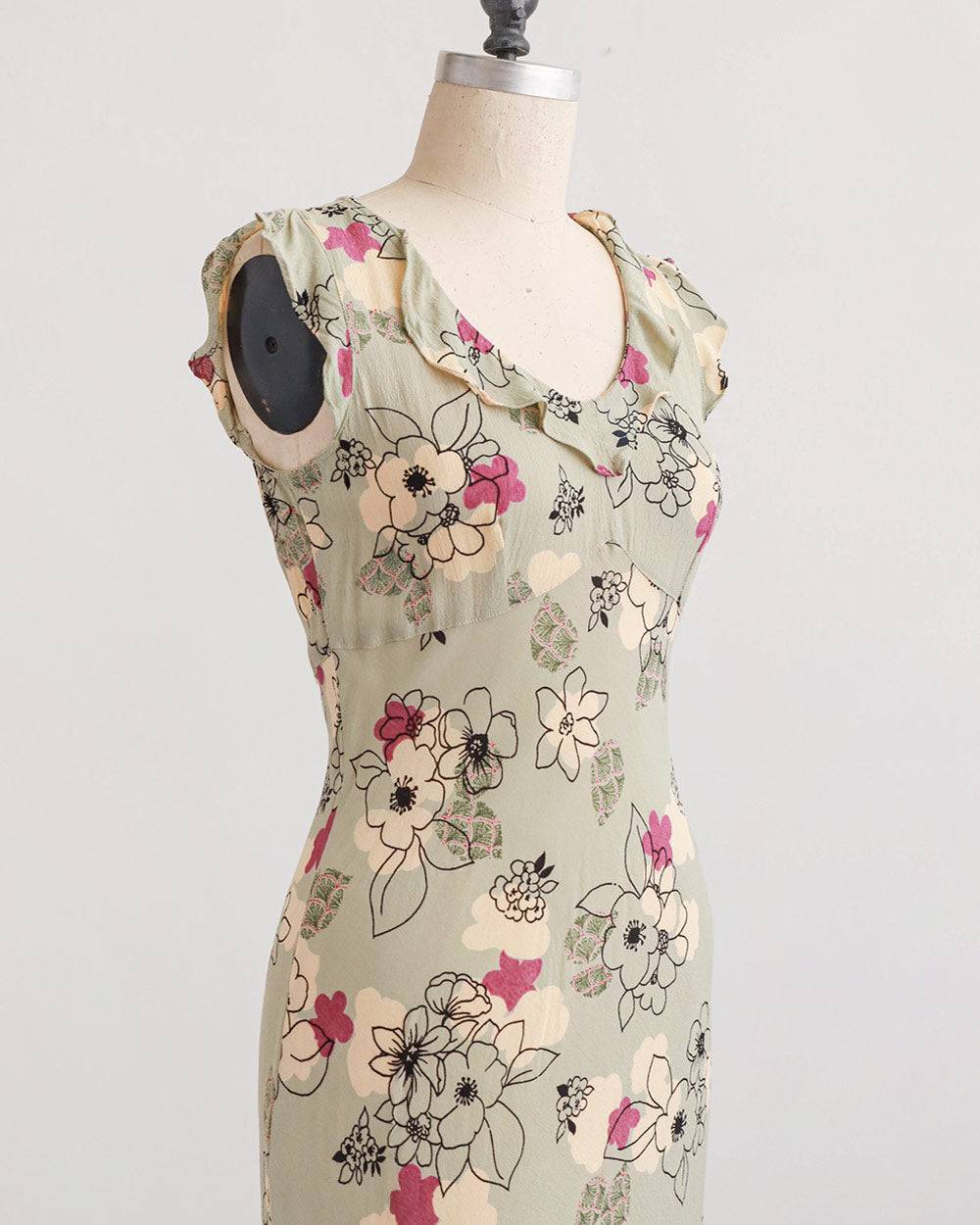 1990s Floral Bias-Cut Rayon Midi Dress