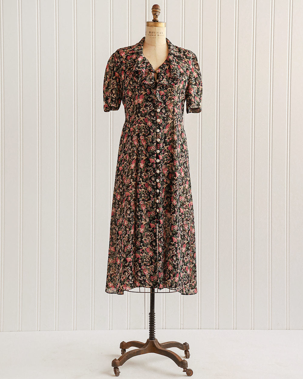1990s Black Floral Print Button-Down Midi Dress