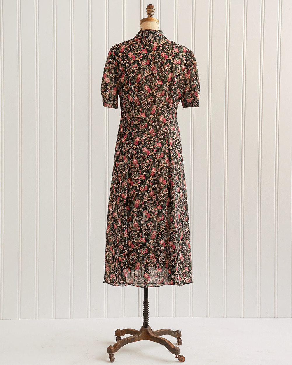 1990s Black Floral Print Button-Down Midi Dress