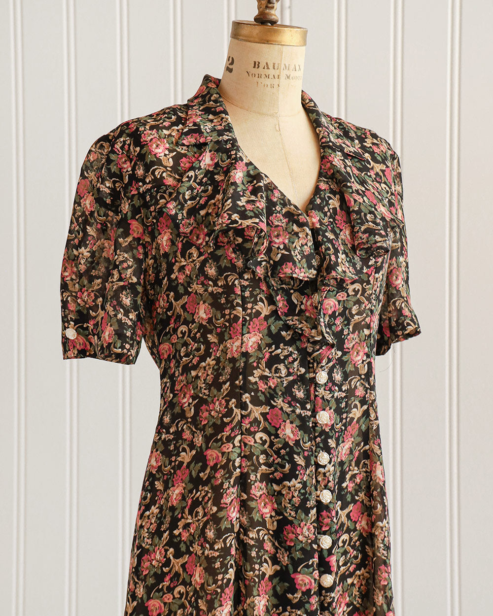 1990s Black Floral Print Button-Down Midi Dress