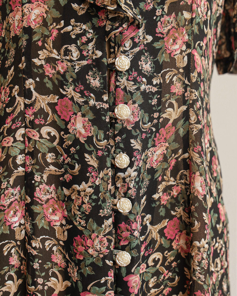 1990s Black Floral Print Button-Down Midi Dress