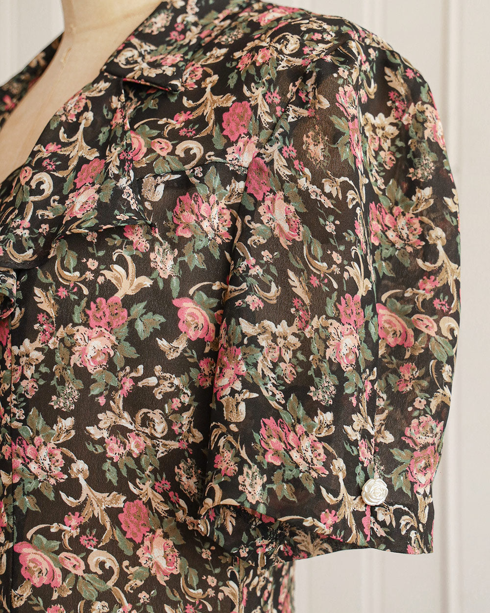 1990s Black Floral Print Button-Down Midi Dress